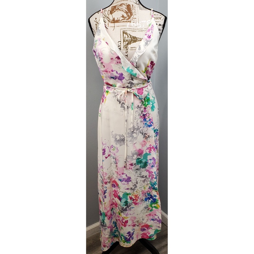 Amanda Uprichard Wrap Maxi Dress Womens Petite M Multicolor Floral Tie Waist